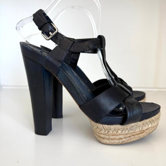Miu Miu Platform Espadrille Sandals Navy Leather Strappy Heels Size 38 Italy - Picture 1 of 13